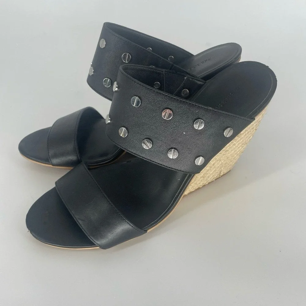 Rebecca Minkoff Black Leather‎ Emily Studded Espadrille Wedge Sandals Size 9.5